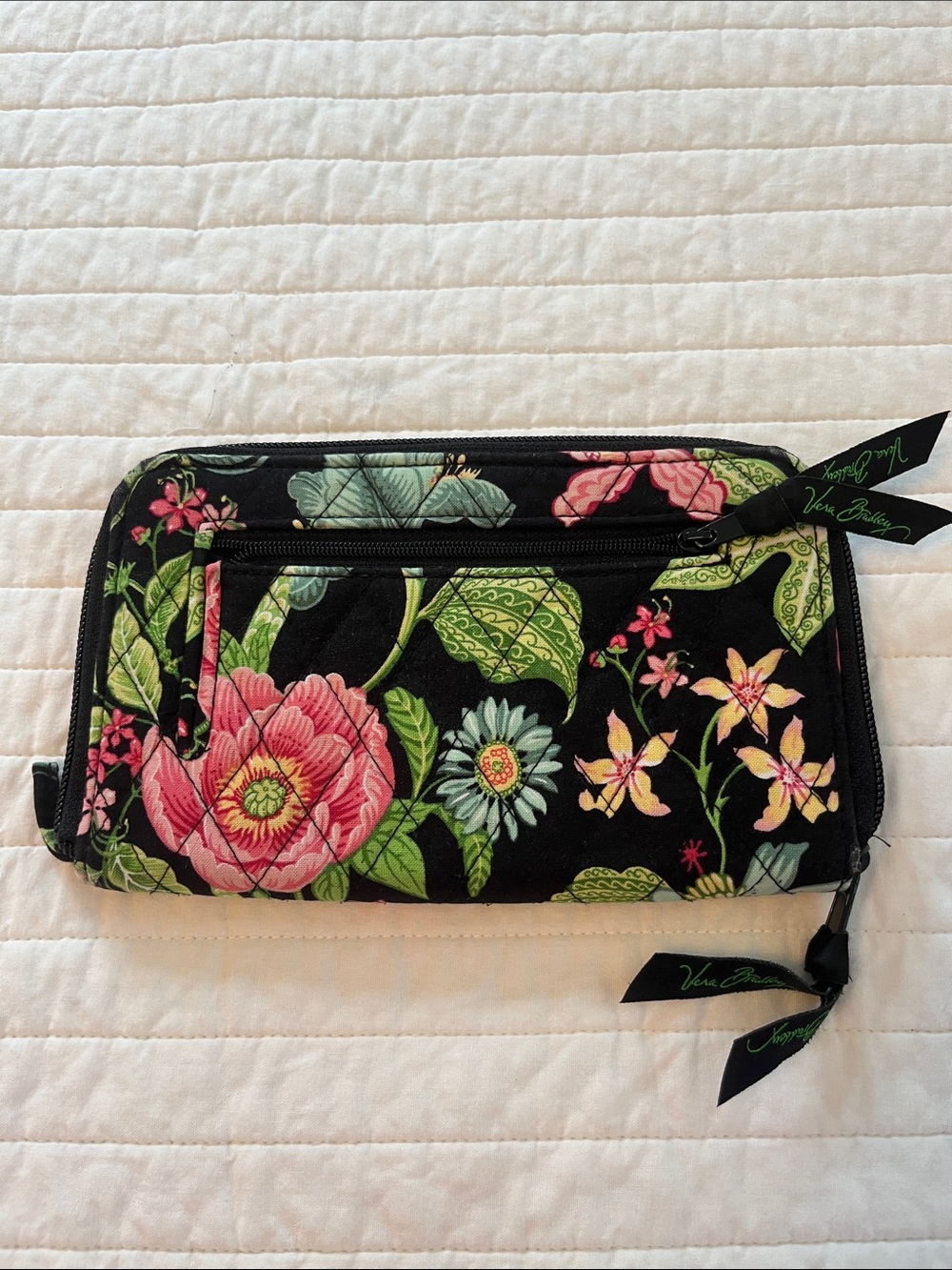 Vera Bradley Black Floral Quilted Zip TravelWallet with Pink & Green Blooms
